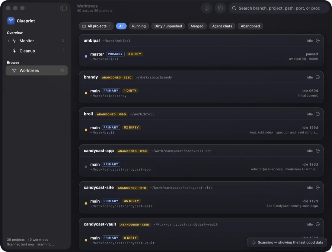 Worktrees browser with project and state filters
